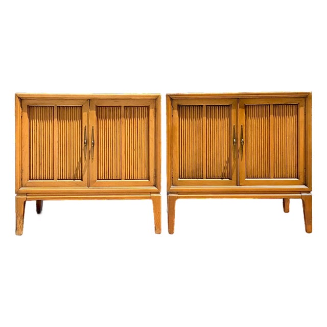 Vintage MCM Wood Cabinets With Grooved Doors - Pair For Sale