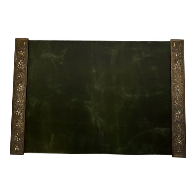 Tiffany Studios New York Bronze and Abalone Blotter Ends With Leather Desk Blotter For Sale