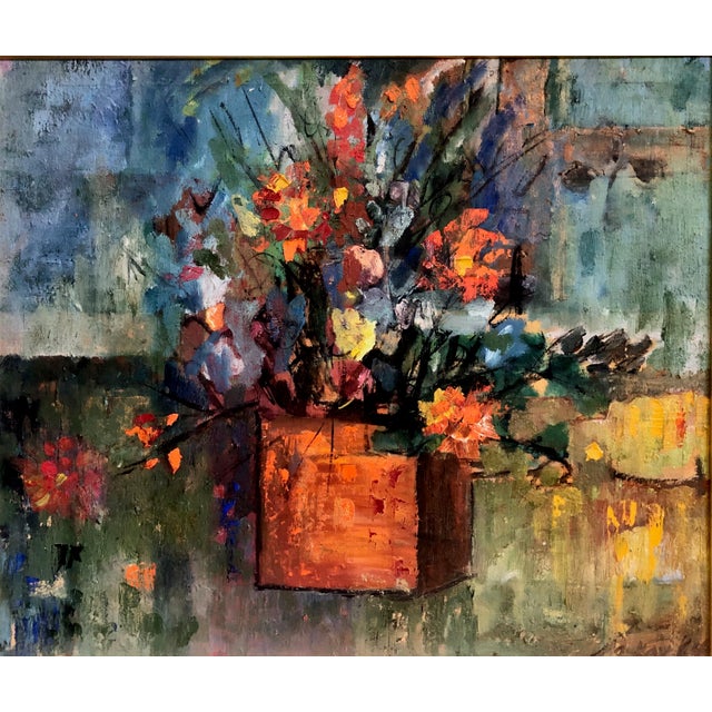On offer is a mid-century modern, Expressionist floral still life painted in oil on canvas board, signed MacKay and dated...