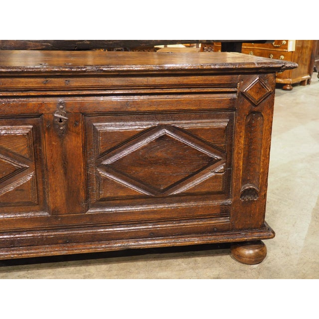 Elegant Antique Oak Lozenge Paneled Trunk From France, 18th Century For Sale - Image 13 of 18