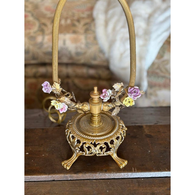 1960s Pair Louis XV Style Brass and Ceramic Floral Table Lamps For Sale - Image 11 of 17