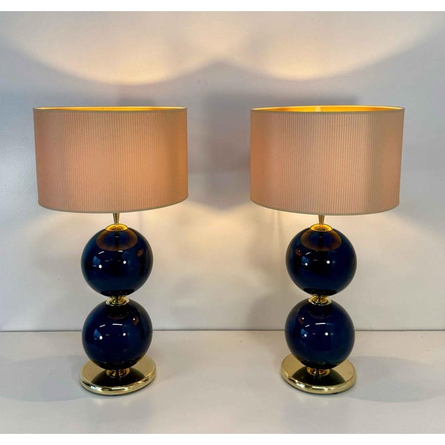 Murano Glass Lamps with Blue Spheres and Ivory Lampshades, Set of 2 For Sale - Image 6 of 9