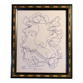 Original Vintage Wayne Cunningham Abstract Ink Drawing Inlaid Wood Frame For Sale
