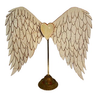Carved Wood Angel Wings With a Heart on Lamp Base Stand Art Made by Folk Artist For Sale