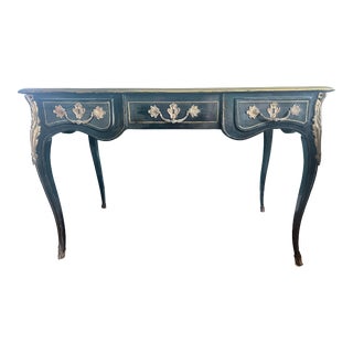 Antique Early 20thC (Possibly Late 19c) Louis XV Ebonized Embossed Leather "Bureau Plat" 3 Drawer Writing Desk For Sale