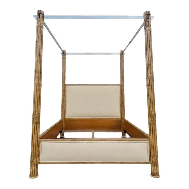 Bamboo Queen Poster Bed with Steel Canopy and Cream Linen Fabric For Sale