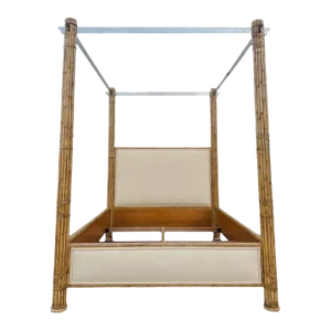 Bamboo Queen Poster Bed with Steel Canopy and Cream Linen Fabric