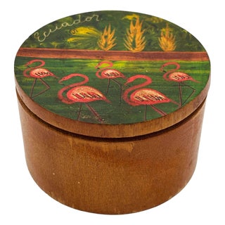1940s Hand-Painted Flamingo Scenic "Ecuador" Hardwood Trinket Box For Sale