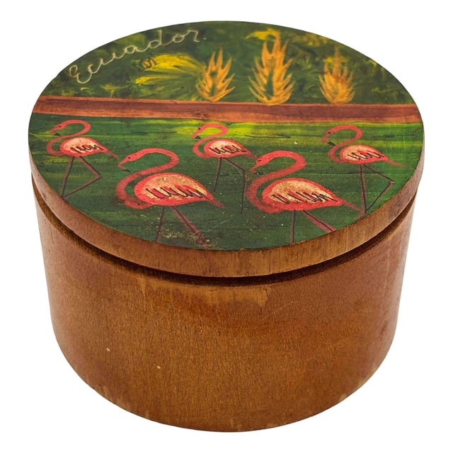 1940s Hand-Painted Flamingo Scenic "Ecuador" Hardwood Trinket Box For Sale