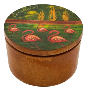 1940s Hand-Painted Flamingo Scenic "Ecuador" Hardwood Trinket Box