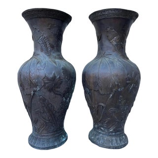 Monumental Pair Japanese Meiji Bronze Floor Vases Koi Fish, Lotus Flowers & Lily Pads... For Sale