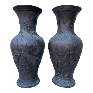 Monumental Pair Japanese Meiji Bronze Floor Vases Koi Fish, Lotus Flowers & Lily Pads...