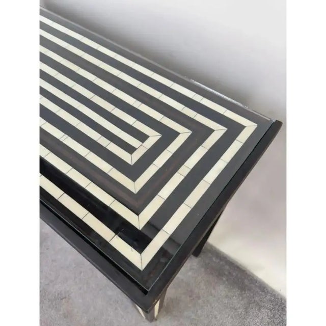 Black Art Deco Style Black & White Resin Inlay Console Table W Concentric & Glass Top For Sale - Image 8 of 11