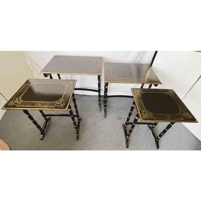 Ebony Vintage Hollywood Regency Nesting Tables in Ebony Finish With Gold Painted Accents- Set of 4 For Sale - Image 8 of 13
