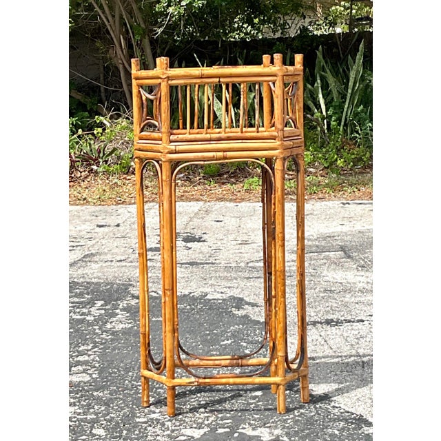 Chocolate Vintage Boho Octagonal Bamboo Plant Stand For Sale - Image 8 of 8