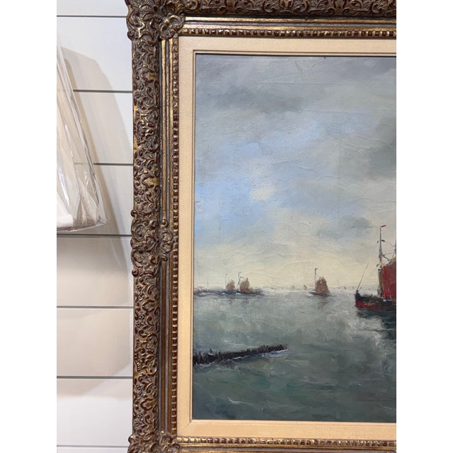 Wood Ship Leaving Harbor Oil Painting For Sale - Image 7 of 11