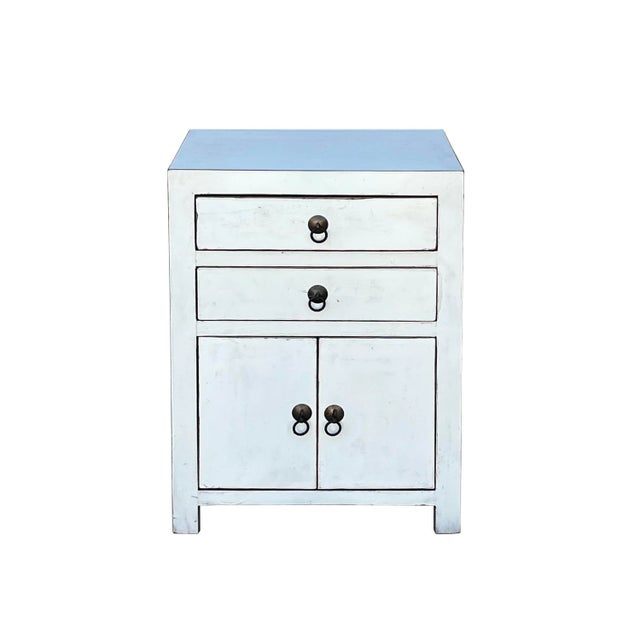 Chinese Chinese Distressed Off White 2 Drawers End Table Nightstand For Sale - Image 3 of 6