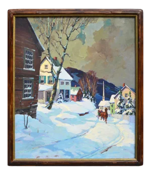 1940s "Village Sleigh Ride Stowe Vermont" Bucolic Village Scene Oil Painting by Walter T. Sacks, Framed
