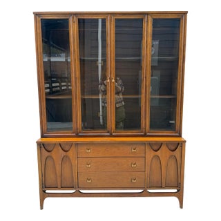 1960s Broyhill Brasilia Two Piece Walnut Hutch China Cabinet For Sale