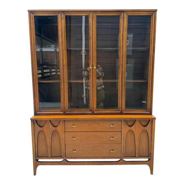 1960s Broyhill Brasilia Two Piece Walnut Hutch China Cabinet For Sale