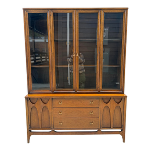 1960s Broyhill Brasilia Two Piece Walnut Hutch China Cabinet
