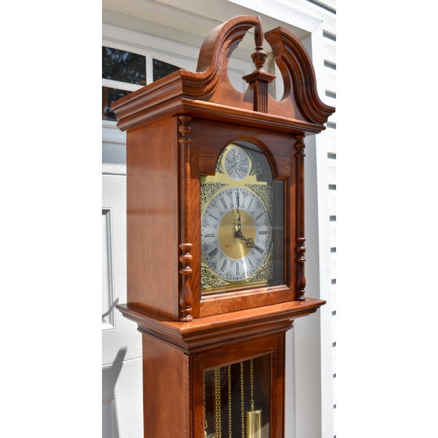 Howard Miller Cherry Grandfather Clock Mechanical Triple Weight Pendulum For Sale - Image 10 of 18