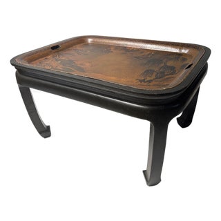 Antique Painted Metal Tray on Stand Depicting a Chinese Ceremonial Landscape For Sale