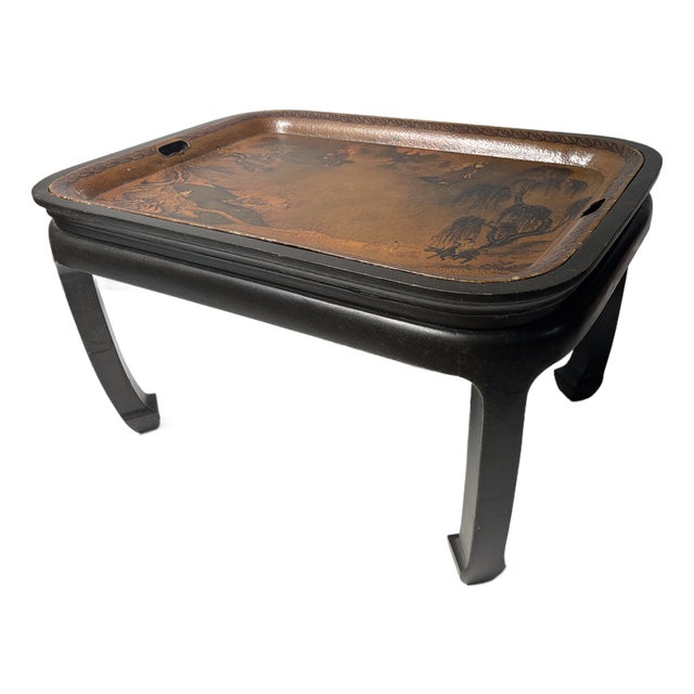 Antique Painted Metal Tray on Stand Depicting a Chinese Ceremonial Landscape For Sale