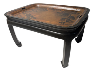 Antique Painted Metal Tray on Stand Depicting a Chinese Ceremonial Landscape