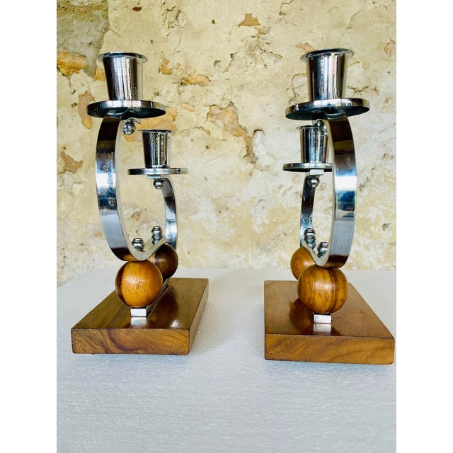 Art Deco Chrome and Walnut Candleholders, 1930s, Set of 2 For Sale - Image 10 of 18