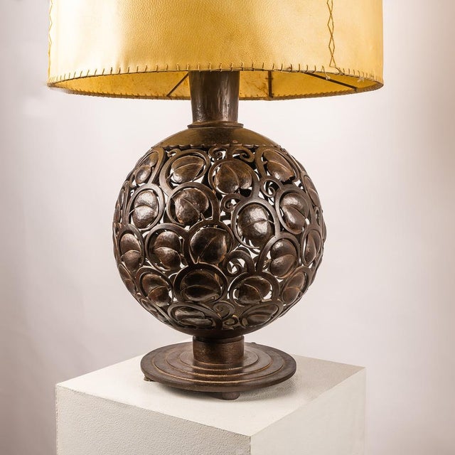 Rare French Art Deco table lamp designed by Edgar Brandt, France, circa 1927. A representative example of the...