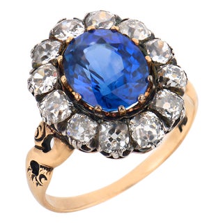 19th Century Victorian Gia 6.04 Carat Ceylon Sapphire Diamond 9k Gold Silver Cluster Ring, Size 11 For Sale