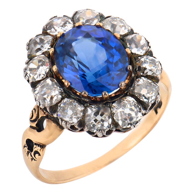 19th Century Victorian Gia 6.04 Carat Ceylon Sapphire Diamond 9k Gold Silver Cluster Ring, Size 11 For Sale