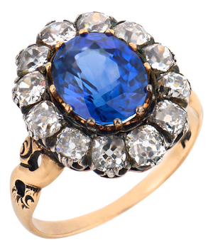 19th Century Victorian Gia 6.04 Carat Ceylon Sapphire Diamond 9k Gold Silver Cluster Ring, Size 11