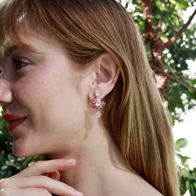 Contemporary Nina Zhou 10.38ctw Aspire Lotus Moonstone Pink Tourmaline Diamond Drop Earring For Sale - Image 3 of 8