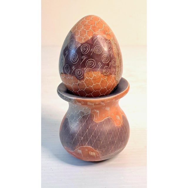 African Vintage Carved Soapstone Egg & Rainbow Stone Egg Set of 2 W/ Stands For Sale - Image 3 of 13