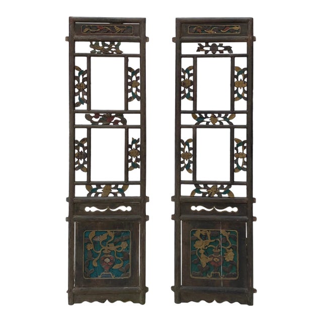 Pair Chinese Vintage Restored Wood Brown Flower Carving Wall Hanging Art For Sale