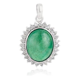 Large 8.8 Ct Oval Emerald & Diamond Halo Pendant in 925 Sterling Silver- Elegant Fine Jewelry For Sale