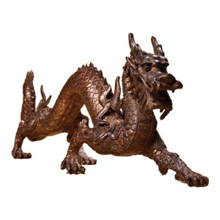 Late 19th Century Gilt Bronze Walking Dragon Figurine, 1700g, High Relief, Mythical Beast For Sale