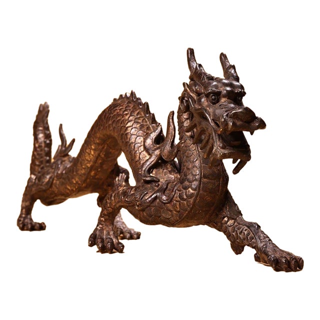 Late 19th Century Gilt Bronze Walking Dragon Figurine, 1700g, High Relief, Mythical Beast For Sale