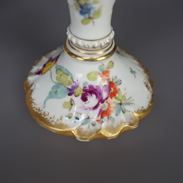 White Antique German Hand Painted & Gilt Floral Porcelain Candlesticks, Berlin 1900 For Sale - Image 8 of 9