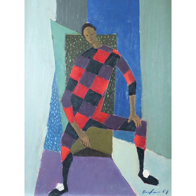 Paint 1961 Mid-Century Modern 'Seated Harlequin' Swedish Geometric Figurative Oil Painting, Framed For Sale - Image 7 of 10