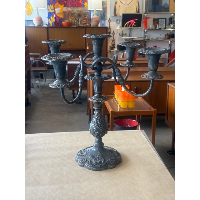 Silver Sheffield Antique Rococo Style 5- Light Candelabra For Sale - Image 8 of 9