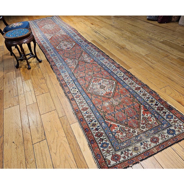 Antique Malayer Runner Rug, Hand-Knotted Wool, Geometric Pattern, 3x16, Terracotta & Ivory For Sale - Image 16 of 18