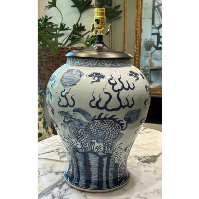Chinoiserie Vintage Large Scale Chinoiserie Blue & White Ginger Jar Lamp For Sale - Image 3 of 15