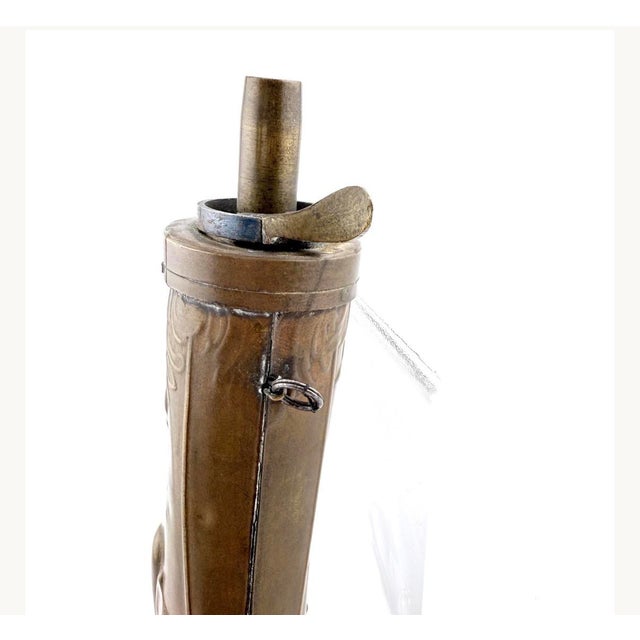 Copper Antique 19th-Century Copper and Brass Powder Flask With Embossed Shell Motif, Civil War Era Firearm and Militaria Collectible For Sale - Image 8 of 11