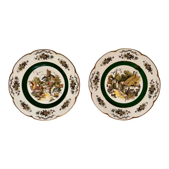 1950s Green and Gold English"Ascot" Decorative Plates by Wood and Sons, Set of 2 For Sale