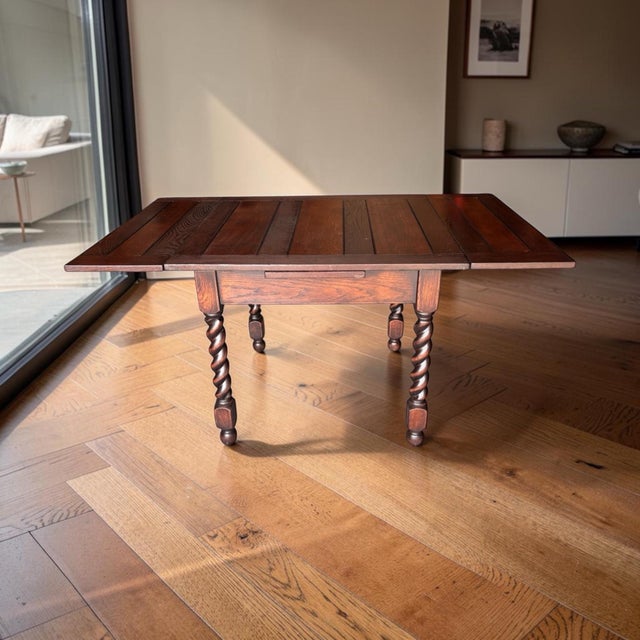 1930s Vintage 1930s Jacobean Solid Oak Barley Twist Draw Leaf Dining Table Completely Restored. For Sale - Image 5 of 12