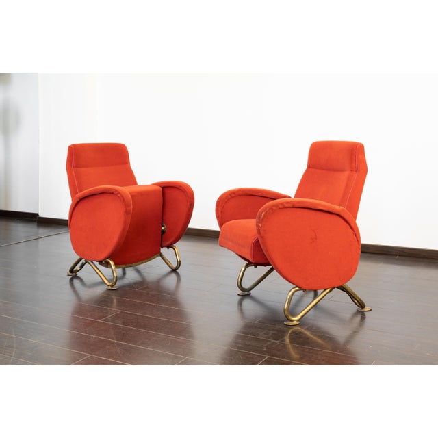 Rare armchairs from the Rai Auditorium auditorium, designed by Carlo Mollino in 1952. Golden metal and velvet fabric of...