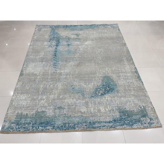 9x12 Stylish Sumptuous Aqua Abstract Modern Hand Knotted Wool Carpet Rug For Sale In New York - Image 6 of 6